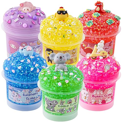 6 Pack Animal Slime Kit, 20 FL OZ Bingsu Slime for Kids, Good Stretchy & Non-Sticky Crunchy Slime Pack Sensory Toys, Slime Party Favors for Girls & Boys Ages 8-12, Birthday Easter Hallowmas Gift