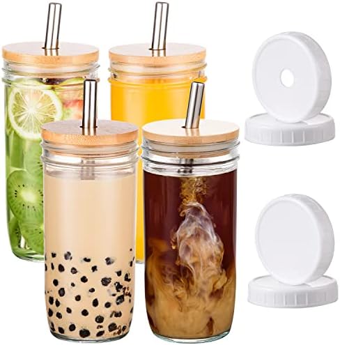 [ 4 Pack ] Glass Cups Set - 24oz Mason Jar Drinking Glasses with Bamboo Lids & Straws & 2 Airtight Lids & 2 hole Lids - Cute Reusable Boba Bottle, Iced Coffee Glasses, Travel Tumbler for Tea, smoothie