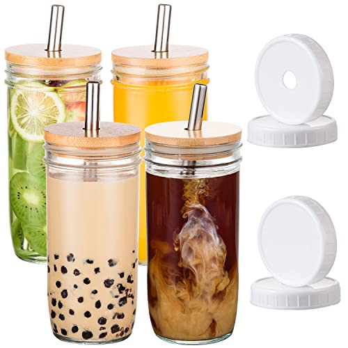 [ 4 Pack ] Glass Cups Set - 24Oz Mason Jar Drinking Glasses With Bamboo Lids & Straws & 2 Airtight Lids & 2 Hole Lids - Cute Reusable Boba Bottle, Iced Coffee Glasses, Travel Tumbler For Tea, Smoothie #TOP3