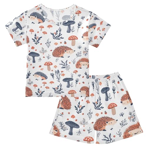 ALAZA Hedgehog Leaves Mushroom Pajamas Set Short Sleeve Cotton Sleepwear Summer Pjs 2 Piece 5-14Y