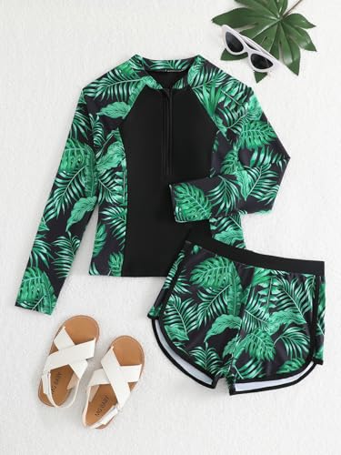 Image of SEGT Girl's Floral Long Sleeve Rash Guard with Bikini Bottom 2 Piece Swimsuit Set