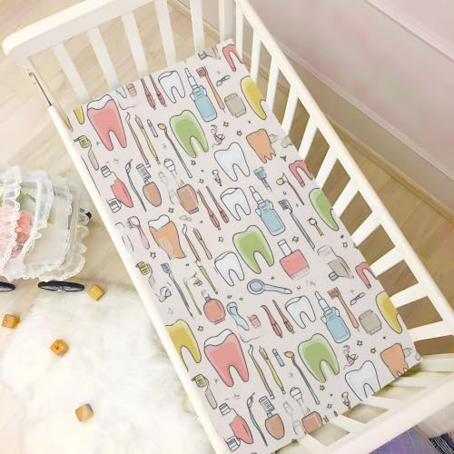 Image of Teeth Dental Cute Crib Sheets Soft Breathable Fitted Baby Crib Sheets Mattress Cover for Girls Boys, 52 inch x 28 inch x 9 inch