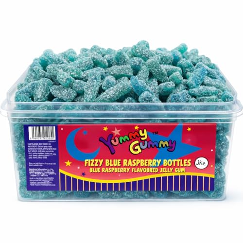 Yummy Gummy Fizzy Blue Raspberry Bottles Sour Blue Raspberry Jelly Sweets Sugar Coated Candy Bottles 900g Bulk Sharing Tub