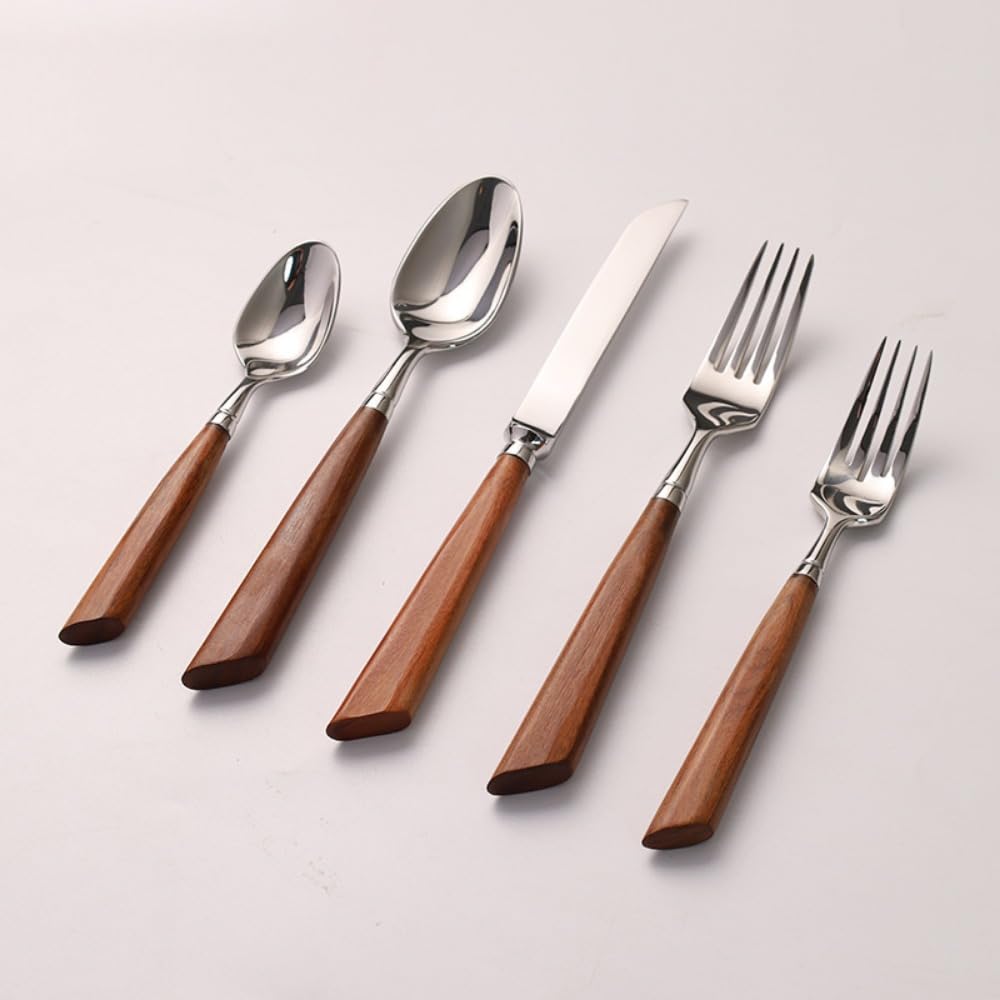 Rosso Cannella Legno Manico Cucina Acciaio Inox Argenteria Stoviglie Posate Set Bistecca Coltello Forchetta Cucchiaio Cucchiaino (Argento,5 pezzi)