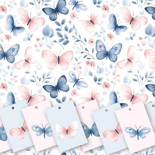 Wrapping Paper. 6 XL Sheets (50 x 70cm). Blue and Pink Butterfly Design. Gift Wrap with 8 Tags. Cutting grid on reverse. For Women Girls Valentines Anniversary Birthday Wedding.