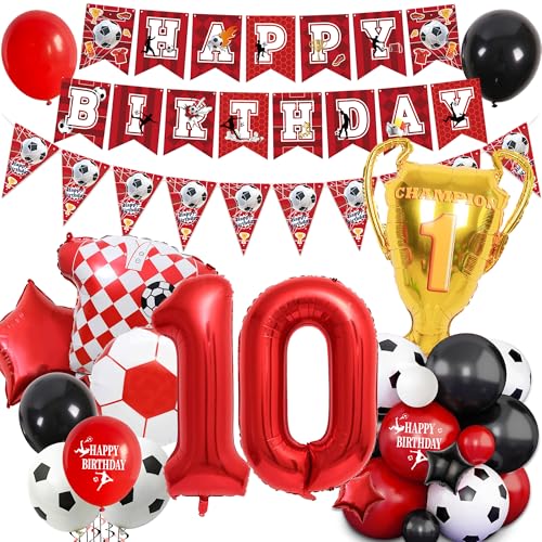 Football 10th Birthday Party Decorations - Red Soccer Theme for Boy Girl Happy Birthday Banner Bunting Decor, Number Trophy Football Shirt Foil Balloons Boys Girls Sports Party Supplies