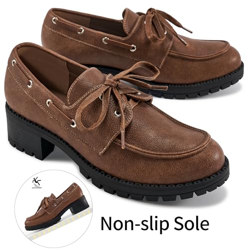 Image of Ablanczoom Platform Oxford Shoes for Women : Lace Up Women's Platform Chunky Loafers with Lug Sole Dress Shoes for Work Business Brown