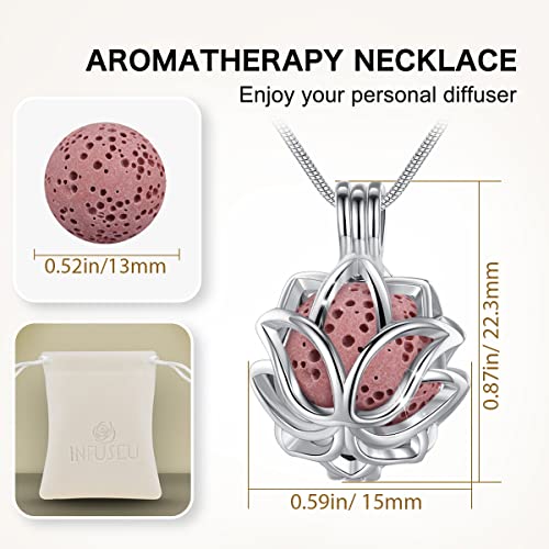 Infuseu Essential Oil Diffuser Necklace Aromatherapy Jewelry For Women Teengirls, Small Lotus Flower Pendant, 7 Lava Rock Stones, 24" Snake Chain #TOP6