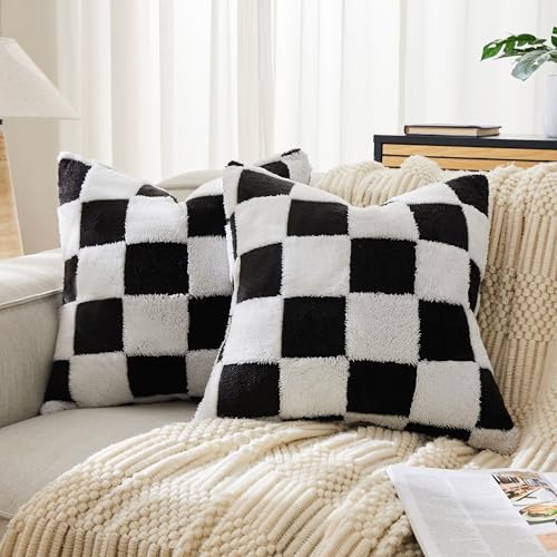 Ohocut Checkered Jacquard Shag Throw Pillow Covers, Pack of 2 Fluffy Black White Cute Decorative Aesthetic Soft Checkered Throw Pillow Cases for Couch Sofa Bedroom,18x18 Inch by Ohocut - Used condition - US$14.39