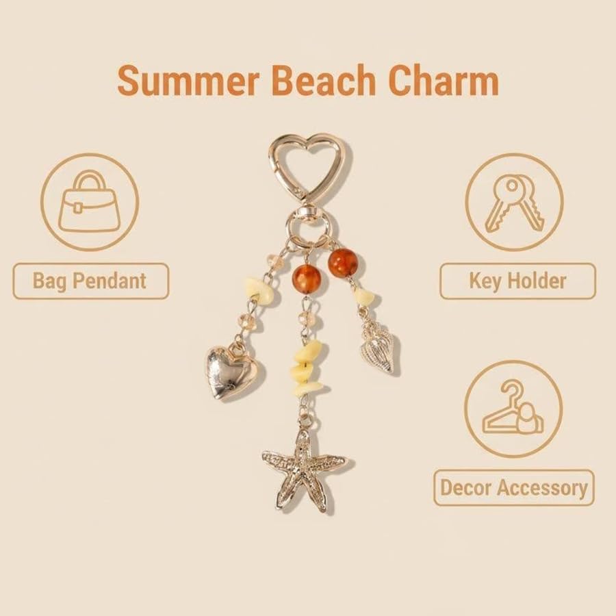 Image of Gold Keychain Sun Starfish Bag Charms for Purse Handbag Backpack Tote Bags Decor Accessories