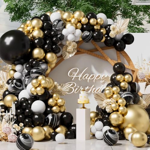 SUWEN 153Pcs Black and Gold Balloons Arch Kit 18 10 5 Inch Marble White