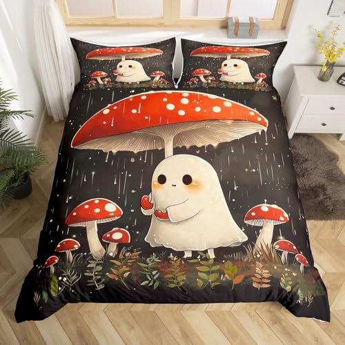 2 Pieces Cute Ghost Mushroom Duvet Cover Twin Size for Teens Youth,Watercolor Jungle Red Mushroom Botanical Comforter Cover,Halloween Night Cartoon Ghost Super Soft Bedding (Not Comforter)