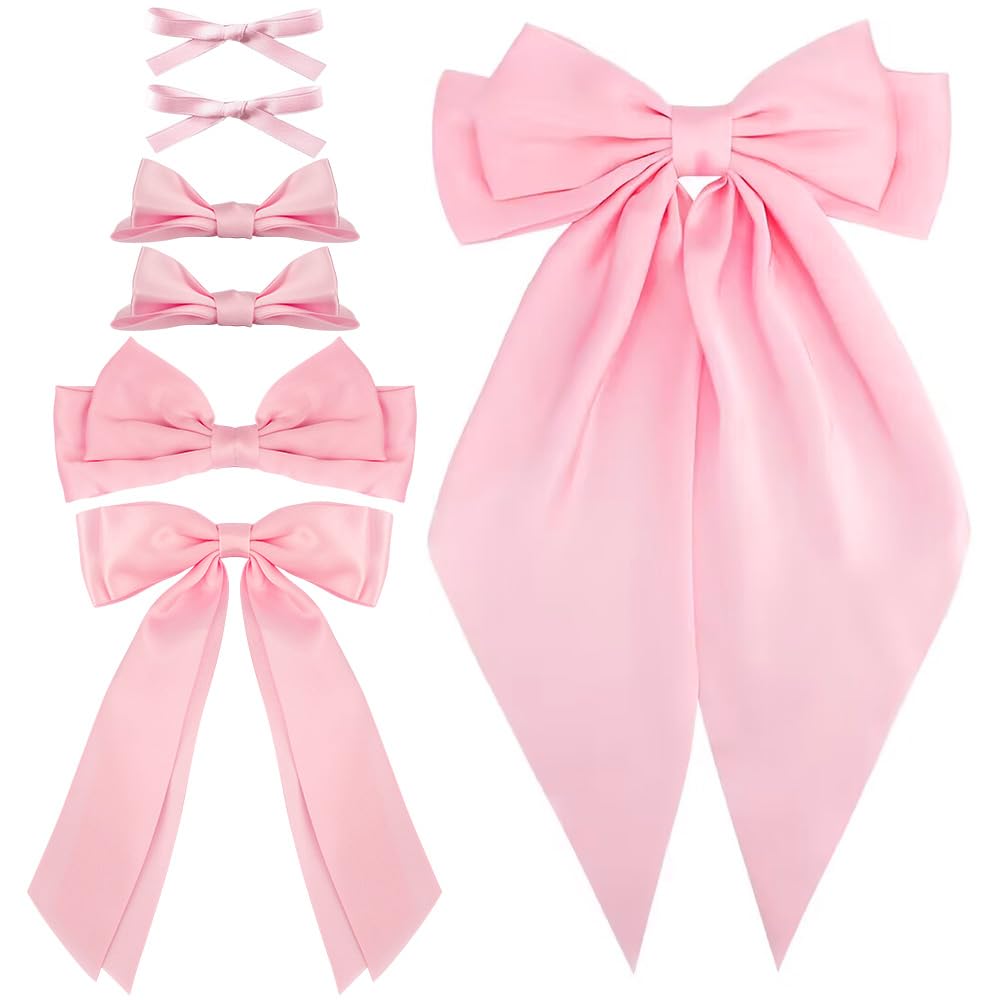 Ahoney 7 Pack Pink Bows for Hair Bow Silky Satin Hair Bow Hair Clips Long Tail Multi Style French Hair Ribbon Coquette Hair Barrettes for Women Girls