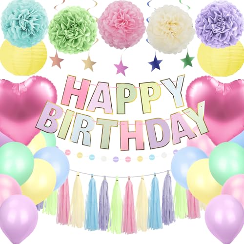 Image of Pastel Rainbow Party Decorations 50Pcs Pastel Birthday Decorations for Girl | with Happy Birthday Banner Balloons Paper Pom Poms Lantern Hanging Swirls Garland Ribbon Macaron Theme Party Supplies