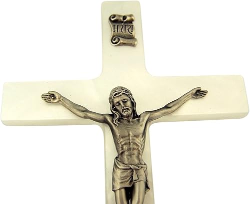 Miniatura 2 de Religious Gifts Cruxifijo de cruz latina nacarada con corpus de Cristo de peltre, 7 pulgadas (blanco)