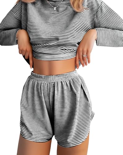 JUSTFASHIONNOW Womens Pajama Sets Long Sleeve Top and Split Shorts