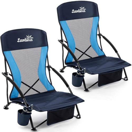 Lamberia Folding Beach Chair for Adults 2 Pack, Portable Low Beach Chairs with 300lbs Capacity, Lightweight Fodable Camping Chair for Travel, Picnic, Concert & Outdoor Activities