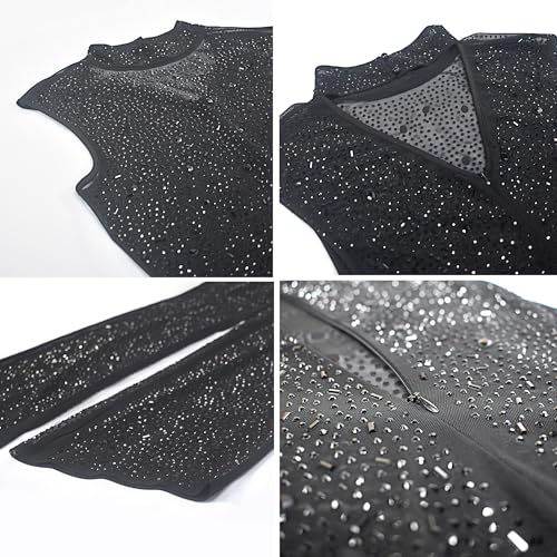 Image of Jigfar Women Sexy Embellished Rhinestone Bodycon Jumpsuit Mesh See Through Patchwork Birthday Party Night Out Clubwear