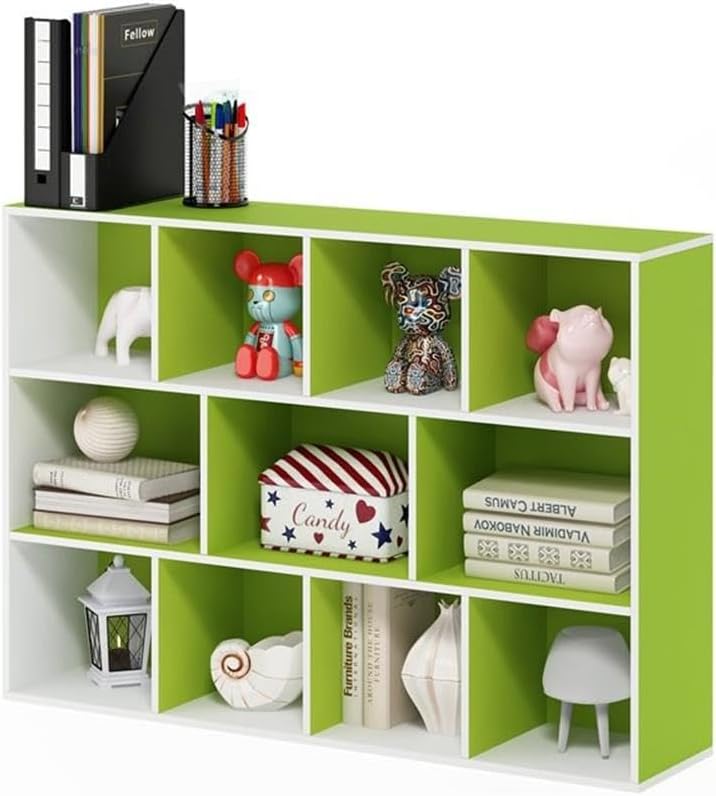 Pemberly Row Engineered Wood 11-Cube Reversible Bookcase, Green and White Finish, 41.7" H x 29.1" W x 9.4" D, Compact Open Shelf Design, Sturdy Storage for Home or Office