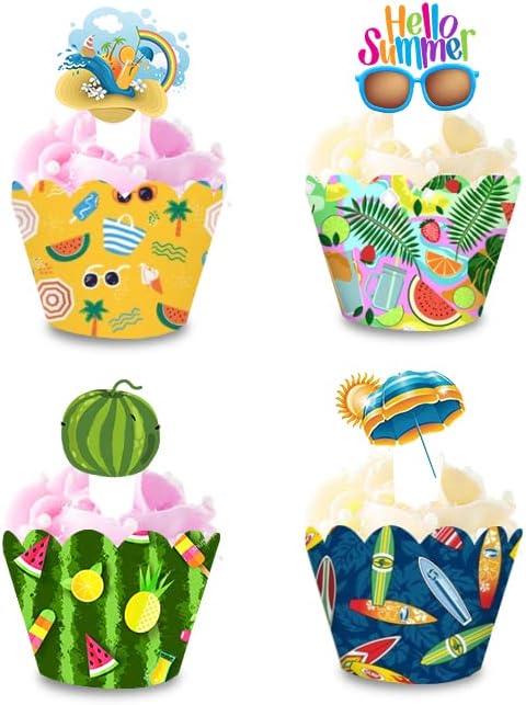 Miniatura 6 de 48 piezas hawaianas Luau para cupcakes, decoraciones tropicales hawaianas para cupcakes con forma de flamenco y fruta para verano, playa, piscina,