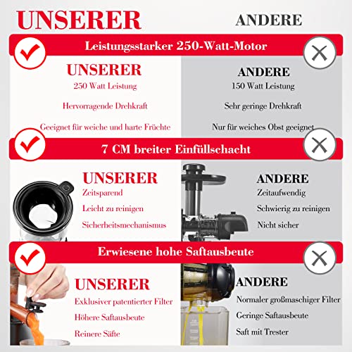 Foto von AMZCHEF Entsafter Slow Juicer 85MM breiter Schacht - 250W Entsafter Gemüse und Obst Testsieger - Kaltpress Entsafter - Nicht-verstopfender Filter, Leiser Motor, Rückwärts Funktion - Silber