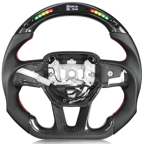 TESFEEL Heated Carbon Fiber Steering Wheel for Dodge Charger/Challenger/Durango (2015–2024), D-Shaped Flat-Bottom, LED Shift Indicator (SXT/GT/RT/SRT/For Hellcat),with Heating Adapter