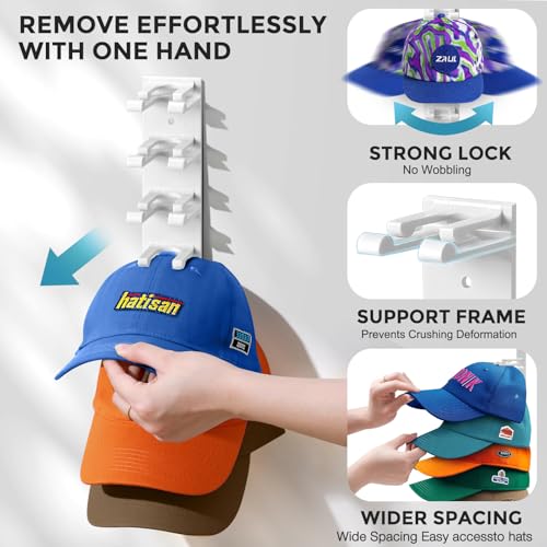 Hat Organizer for Baseball Caps Wall, 2 Pack Hat Holder for Closet Door Hold up to 16 Hats,Hat Hook with Adhesive and 8 Screws, Hat Hanger Cap Holder Hat Hangers for Wall Closet Door Bedroom(A-White) - image 2