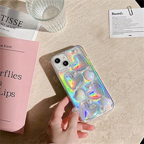 Fycyko Compatible For Iphone 13 Case With 3D Holographic Heart Clear Design Aesthetic Women Teen Girls Glitter Crystal Cute Pearl Girly Phone Cases Protective Cover+Pearl Chain-Clear #TOP4