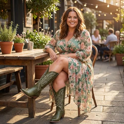 Image of Uillnoodu Wide Calf Cowboy Boots Women Adjustable Lace Up Knee High Tall Plus Size Cowgirl Boots Western Style Comfortable 2-Inch Heel