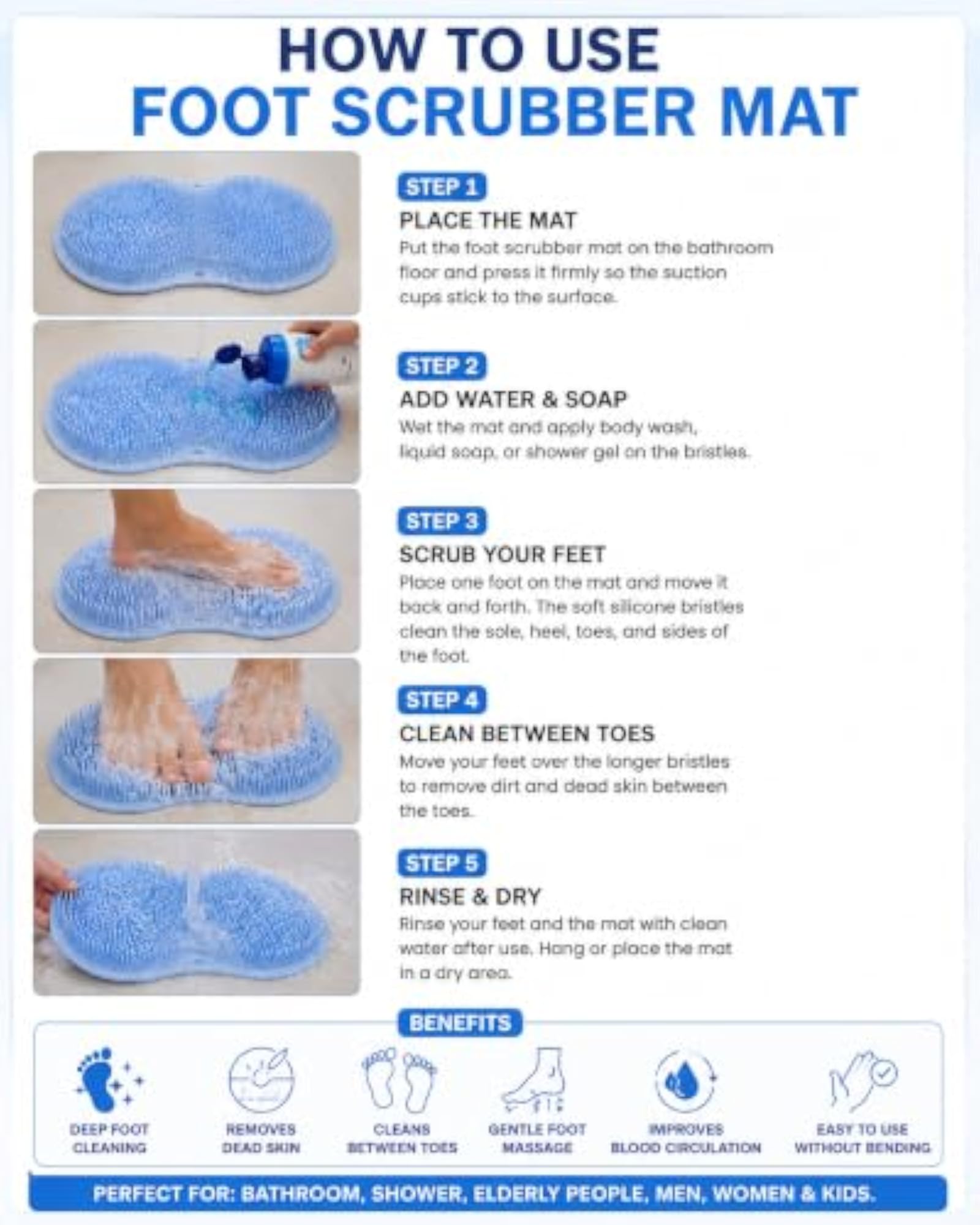 Shower Foot Scrubber Mat with Suction Cups, Silicone Cleaning Brush