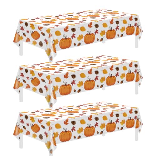 Image of Childom 3 Pack Thanksgiving Tablecloth,Thanksgiving Decorations 54x108 Inch Disposable Plastic Tablecloth,Fall Pumpkin Maple Leaf Party Table Cover for Home Table Decor Dinner Birthday Party Supplies