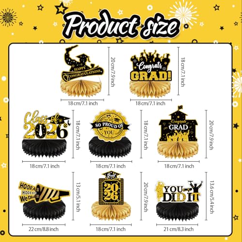 Image of 2026 Graduation Party Decorations - 8 Pcs Black Gold Class of 2026 Graduation Party Decor Honeycomb Centerpieces for Tables Congratulate for 2026 Congrats Grad Party Supplies