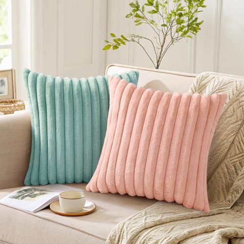 Pallene Faux Fur Plush Throw Pillow Covers 18x18 Set of 2, Luxury Soft Fluffy Striped Decorative Pillow Covers for Sofa, Couch, Living Room, Aqua