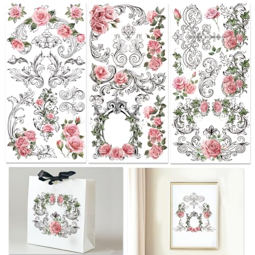 INFUNLY 3 Sheet Floral Baroque Rub on Transfers for Crafts 6x12 Flower Wreath Furniture Rub on Transfer Stickers Vintage Rub on Floral Transfer Decals Waterproof for Wood Glass Scrapbook DIY Paper