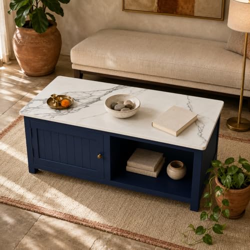 Image of Solid Wood Center Table Premium Sintered Stone Coffee Table for Living Room Wooden Centre Table Premium Acrylic Midnight Blue Finish 110 x 60 x 40 cm