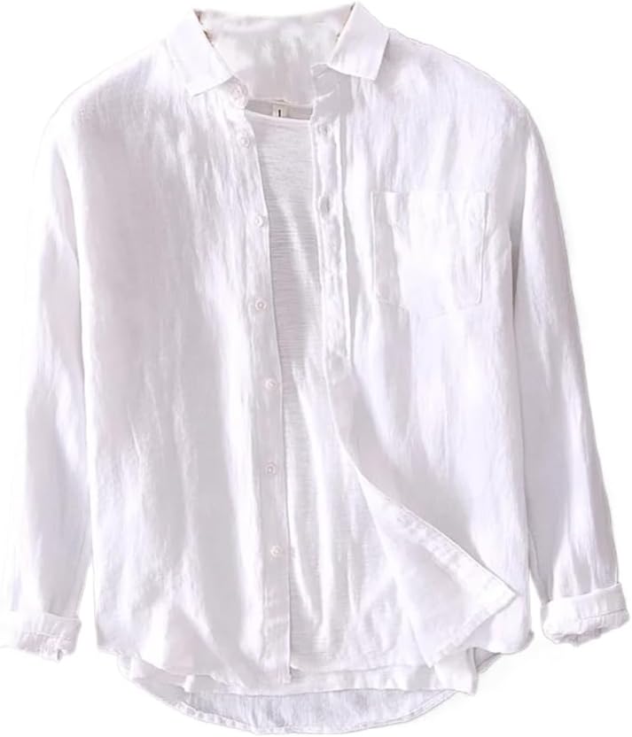 Men Shirt Spring and Autumn Linen Long-Sleeved Solid Color Men' Simple Casual Loose