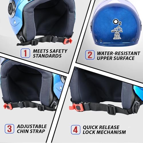 Image of O2 Open Face / Half face Helmet Unisex for Bike Women Men ISI Certified with Clear Visor Smooth Finish Lightweight & Compact (Blue, 580mm Medium)