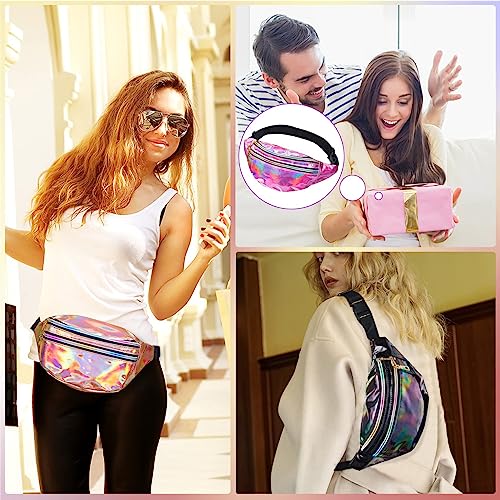 JunD Metallic Bauchtasche Damen - Holografische Gürteltasche aus PU Leder, Wasserdicht und Reflektierend, 80er & 90er Jahre Retro-Stil (Silber+Rosa), 2 Stück