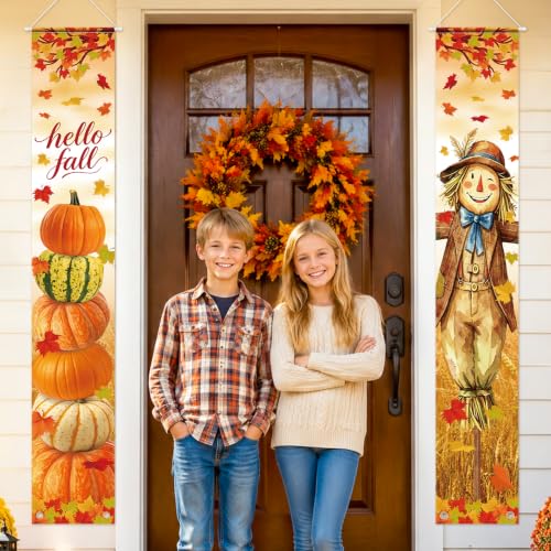 Image of Hello Fall Porch Decor Autumn Harvest Porch Door Banner Hanging Sign