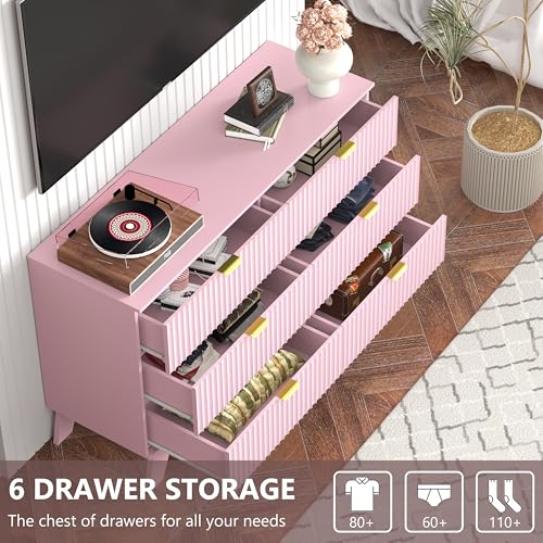 Image of Pink Dresser 6 Drawer Dresser for Bedroom, 47''W Fluted Wooden Dresser Storage Cabinet and Chest of Drawers with Metal Handle, Storage Organizer for Living Room, Hallway, Entryway