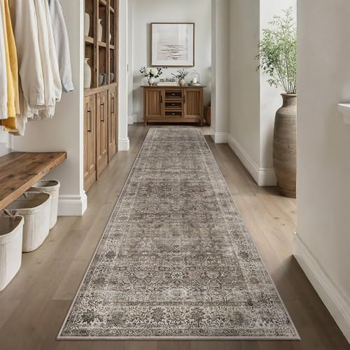 Image of 3x12 Brown Grey Vintage Washable Runner Rugs for Hallway Kitchen Boho Hallway Carpet Low Pile Non-Slip Retro Distressed Accent Throw Rug for Entryway Bathroom Bedroom