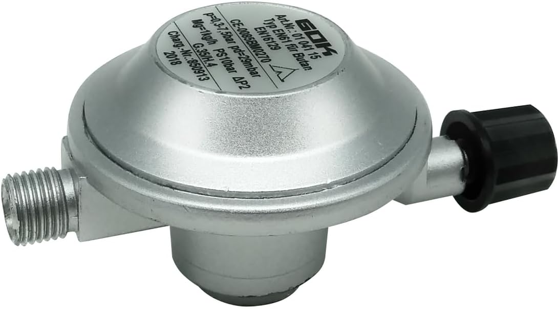 GOK Gas Can Regulator 50Mbar 0.6Kg/H Butane Silver Metal