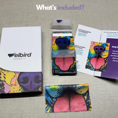 ELBIRD Stylish Ultra Slim Wallet RFID Blocking Premium Aluminum Card Holder w/Trigger to slide up cards - Complete Packaging w/Accessories, Bands to store more, Ideal Gift - Dog3