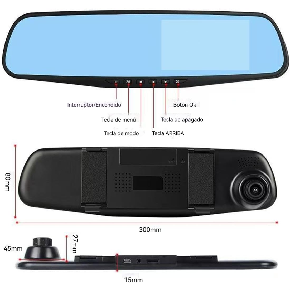 Espejo Retrovisor con Doble Cámara 1080P HD, Visión Nocturna, Grabación Automática Delantera y Trasera, Fácil Instalación Universal para Coche