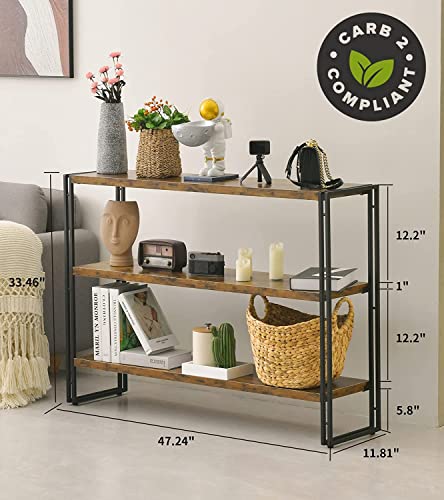 Bookshelf,3-Tier Open Bookcase,Rustic Wood And Metal Industrial Display Book Shelves Home Office,Bedroom Standing Shelf Unit,Horizontal Kitchen Shelf Organizer,Bathroom Storage Rack Mid Century 47In #TOP2