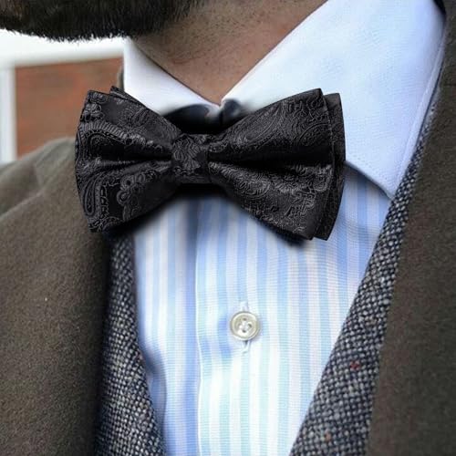 Image of YOHOWA Mens Bow Tie Set Paisley Pre-tied Bowties Adjustable with Handkerchief Cufflinks Gold Ring Set Wedding Prom Party