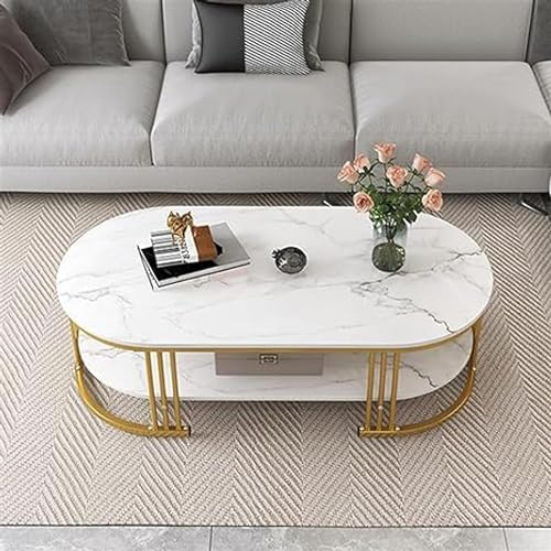 Image of Table, Midcentury Modern Coffee Table for Living Room, Centre Cocktail Table with Metal Frame and Faux Marble Look Tabletop, Already Assembled (Full White)