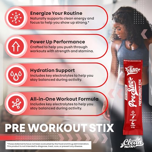 Image of Clean Nutraceuticals Pre Workout Powder Energy Sticks - Caffeine 100mg, Energy Drink Mix, Creatine Monohydrate, Beta Alanine, L-Citrulline, L-Tyrosine, L-Carnitine, Electrolyte Hydration Packets 20 Ct