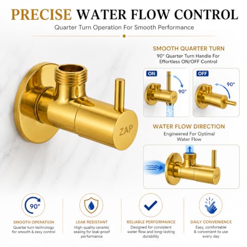 Image of ZAP Bathroom Angle Valve Pack of 6 | 100% Brass Angle Cock with Wall Flange | Gold Finish Stop Valve for Basin Tap, Geyser, Health Faucet & Jet Spray | Rust & Corrosion Resistant