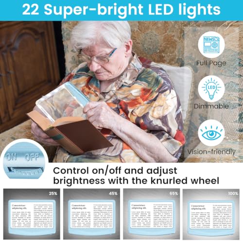Image of Rechargeable 5X Magnifying Glass for Reading, Large Bright Full Page Magnifier with Light, Handheld LED Dimmable Lighted, Lightweight Book Magnifier for Reading Seniors, Light-Blue